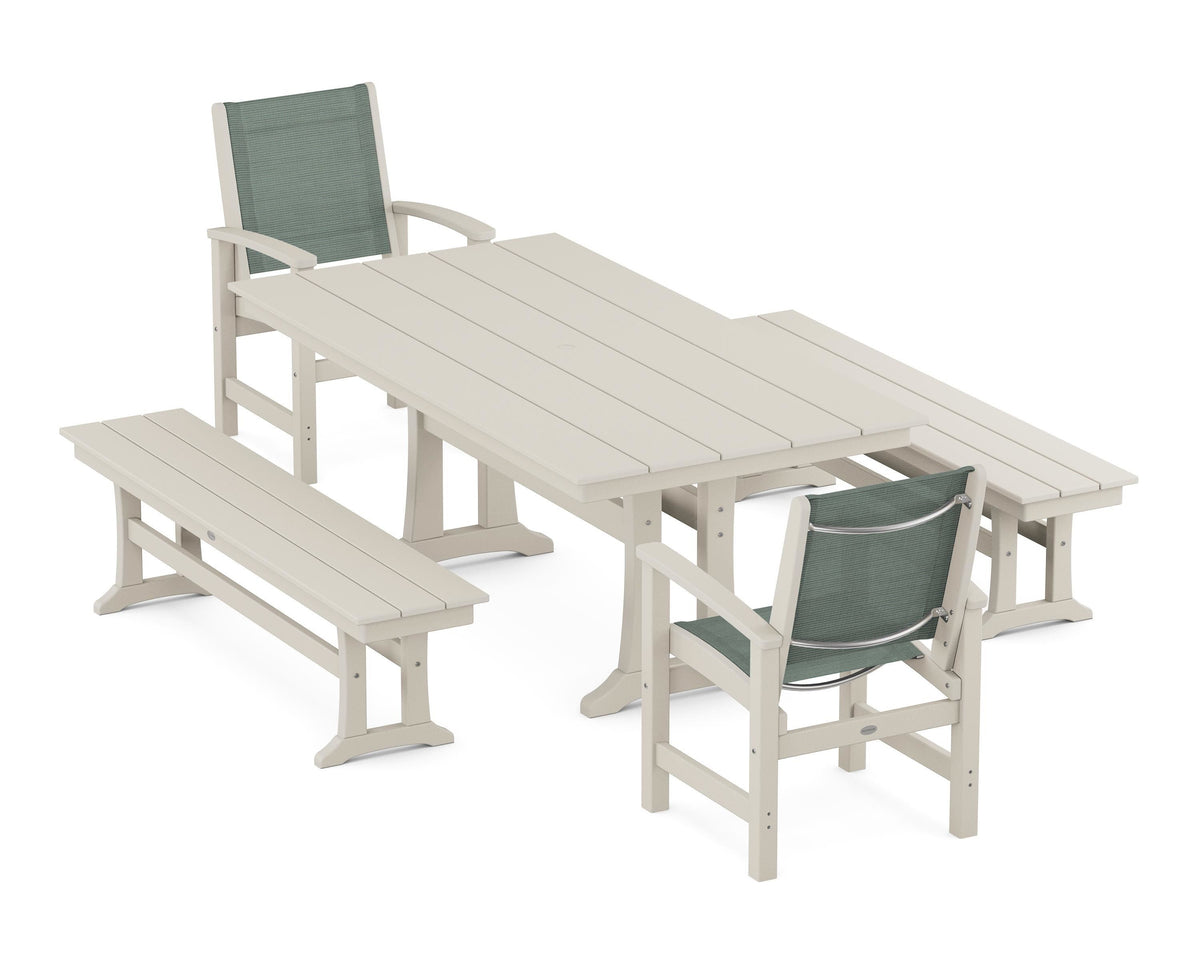 POLYWOOD Coastal 5-Piece Farmhouse Dining Set with Trestle Legs and Benches in Sand / Dupioni Sea Mist