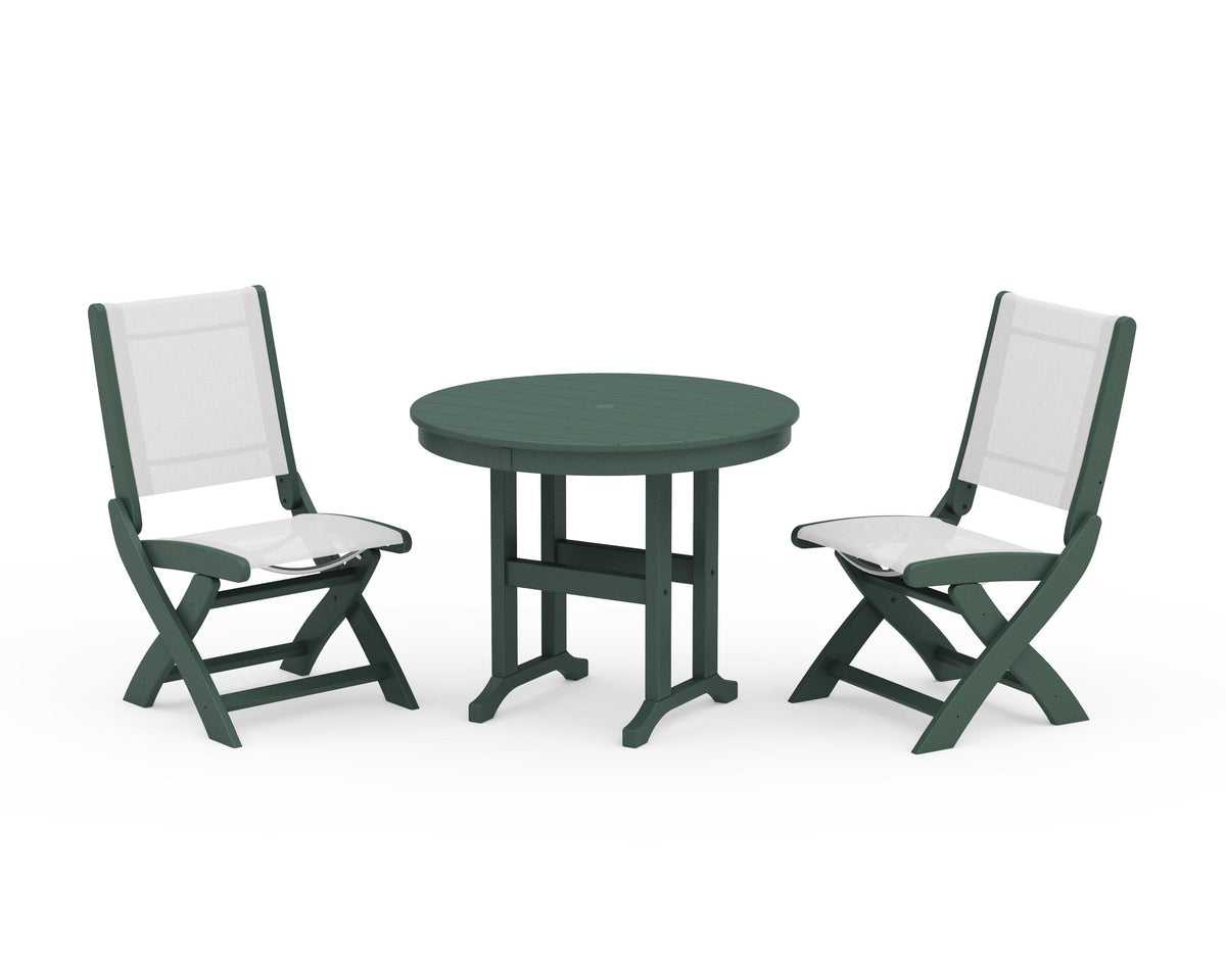 POLYWOOD Coastal Folding Side Chair 3-Piece Round Dining Set in Green / White