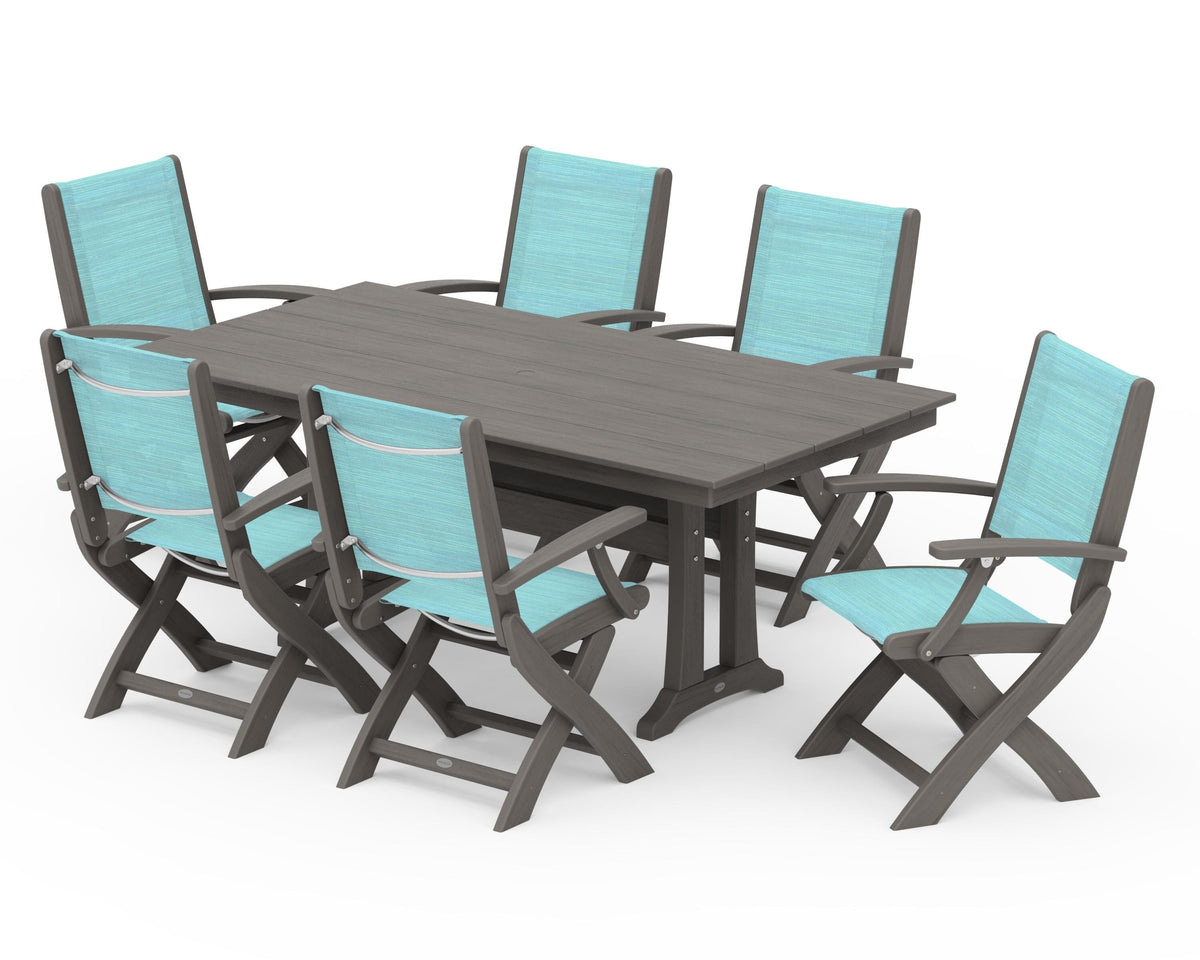 POLYWOOD Coastal Folding Arm Chair 7-Piece Farmhouse Dining Set with Trestle Legs in Driftwood / Dupioni Aquamarine