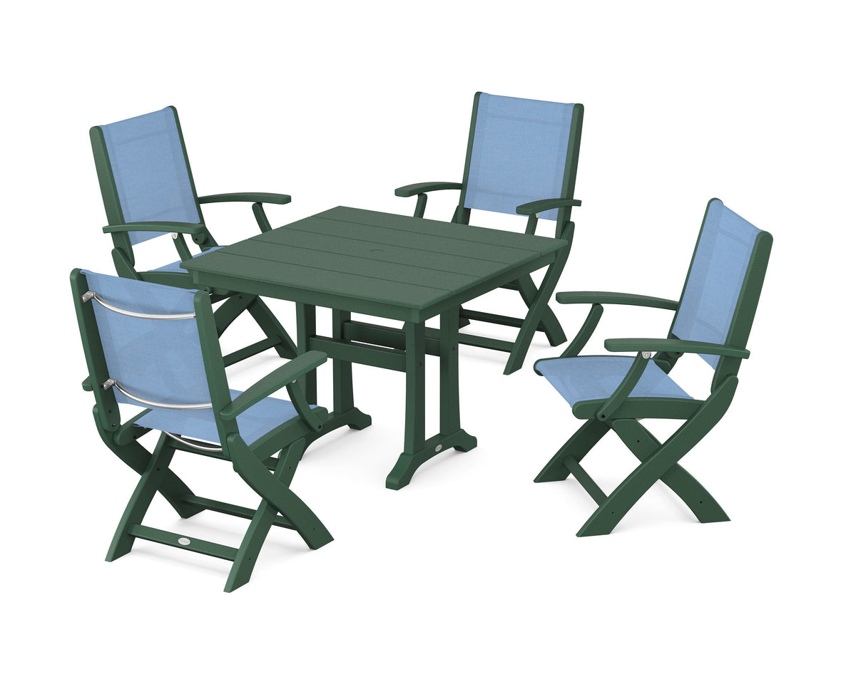 POLYWOOD Coastal Folding Chair 5-Piece Farmhouse Dining Set With Trestle Legs in Green / Poolside