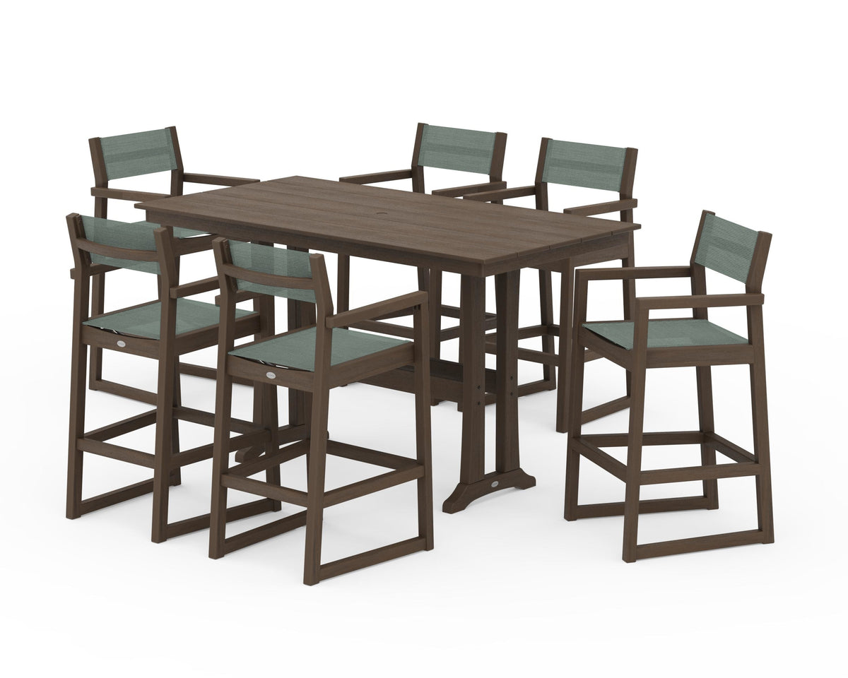POLYWOOD EDGE Sling Arm Chair 7-Piece Farmhouse Bar Set with Trestle Legs in Kona / Dupioni Sea Mist