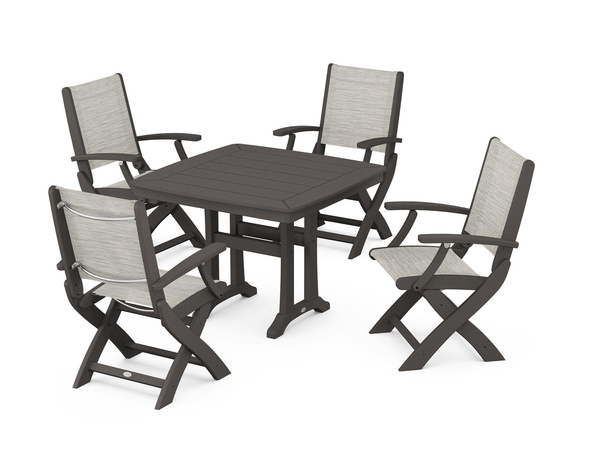 POLYWOOD Coastal Folding Chair 5-Piece Dining Set with Trestle Legs in Vintage Coffee / Birch