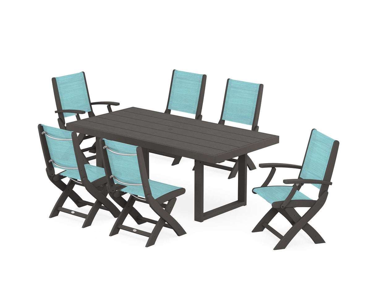 POLYWOOD Coastal Folding Chair 7-Piece Dining Set with Trestle Legs with EDGE 40" x 78" Dining Table in Vintage Coffee / Dupioni Aquamarine