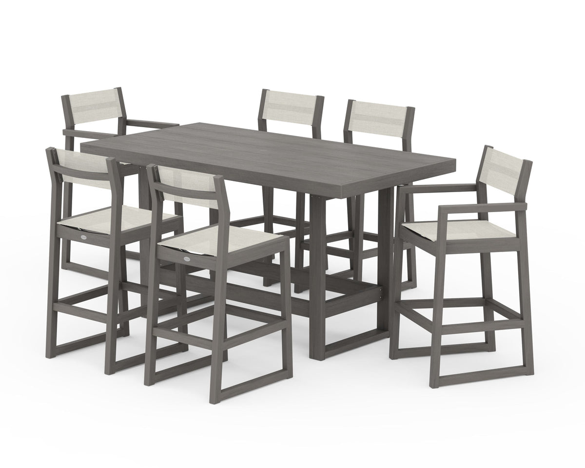 POLYWOOD EDGE Sling 7-Piece Bar Table Set in Driftwood / Parchment