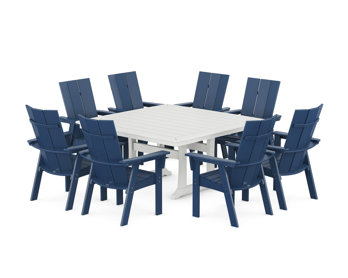 POLYWOOD Modern Curveback Adirondack 9-Piece Square Dining Set with Trestle Legs in Navy / White