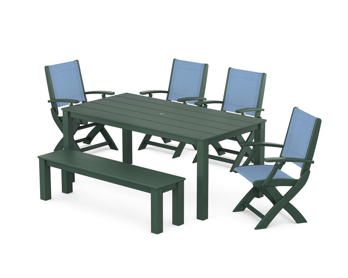 POLYWOOD Coastal Folding Chair 6-Piece Parsons Dining Set with Bench in Green / Poolside