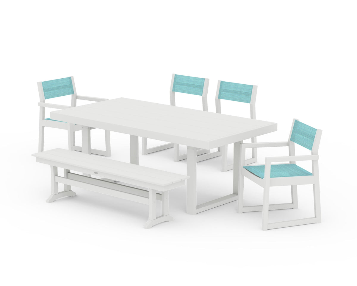 POLYWOOD EDGE Sling 6-Piece Dining Set with Bench in Vintage White / Dupioni Aquamarine