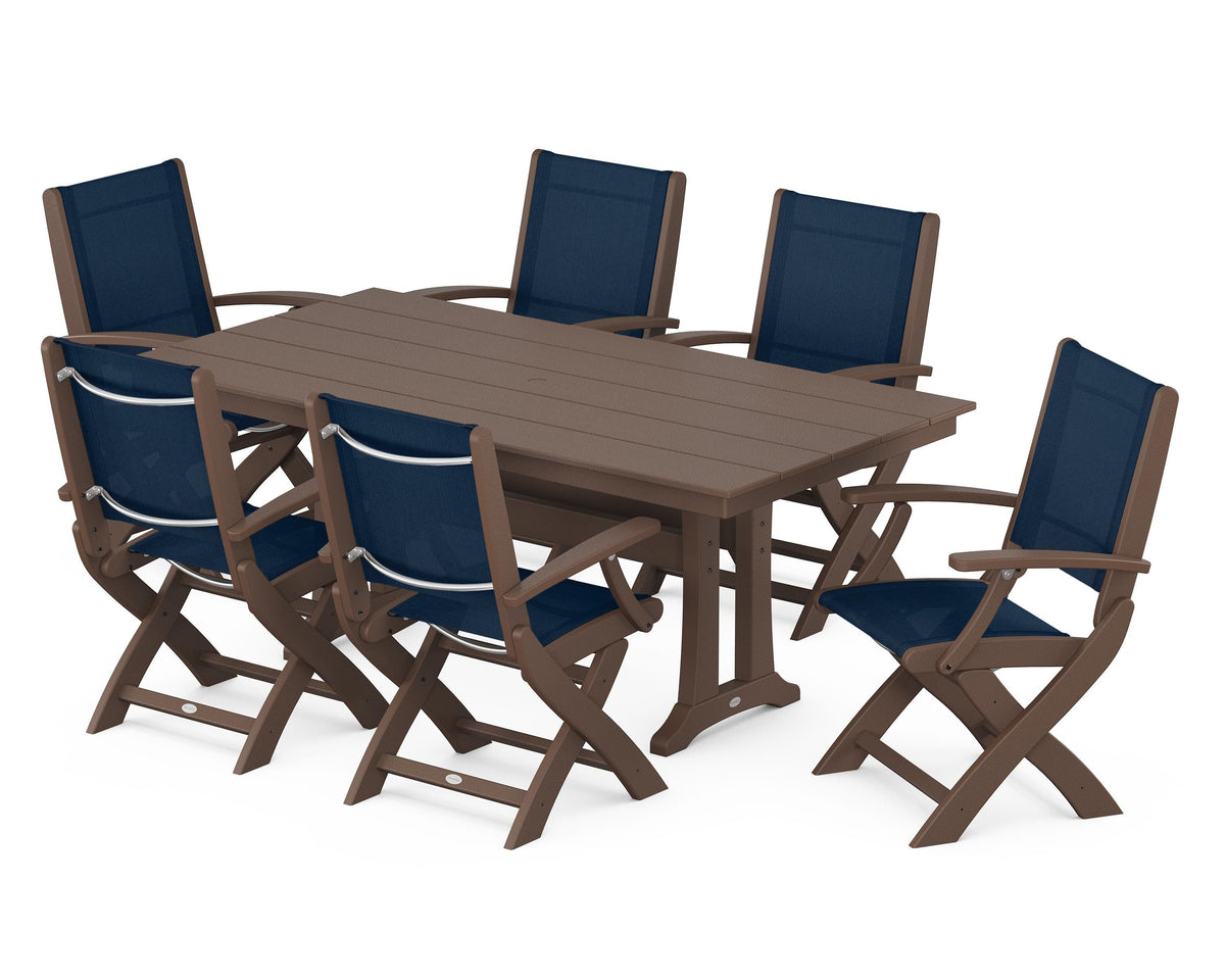 POLYWOOD Coastal Folding Arm Chair 7-Piece Farmhouse Dining Set with Trestle Legs in Mahogany / Navy Blue