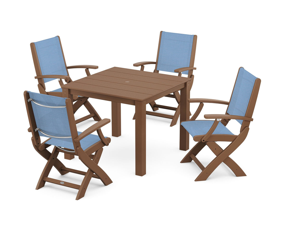 POLYWOOD Coastal Folding Chair 5-Piece Parsons Dining Set in Teak / Poolside
