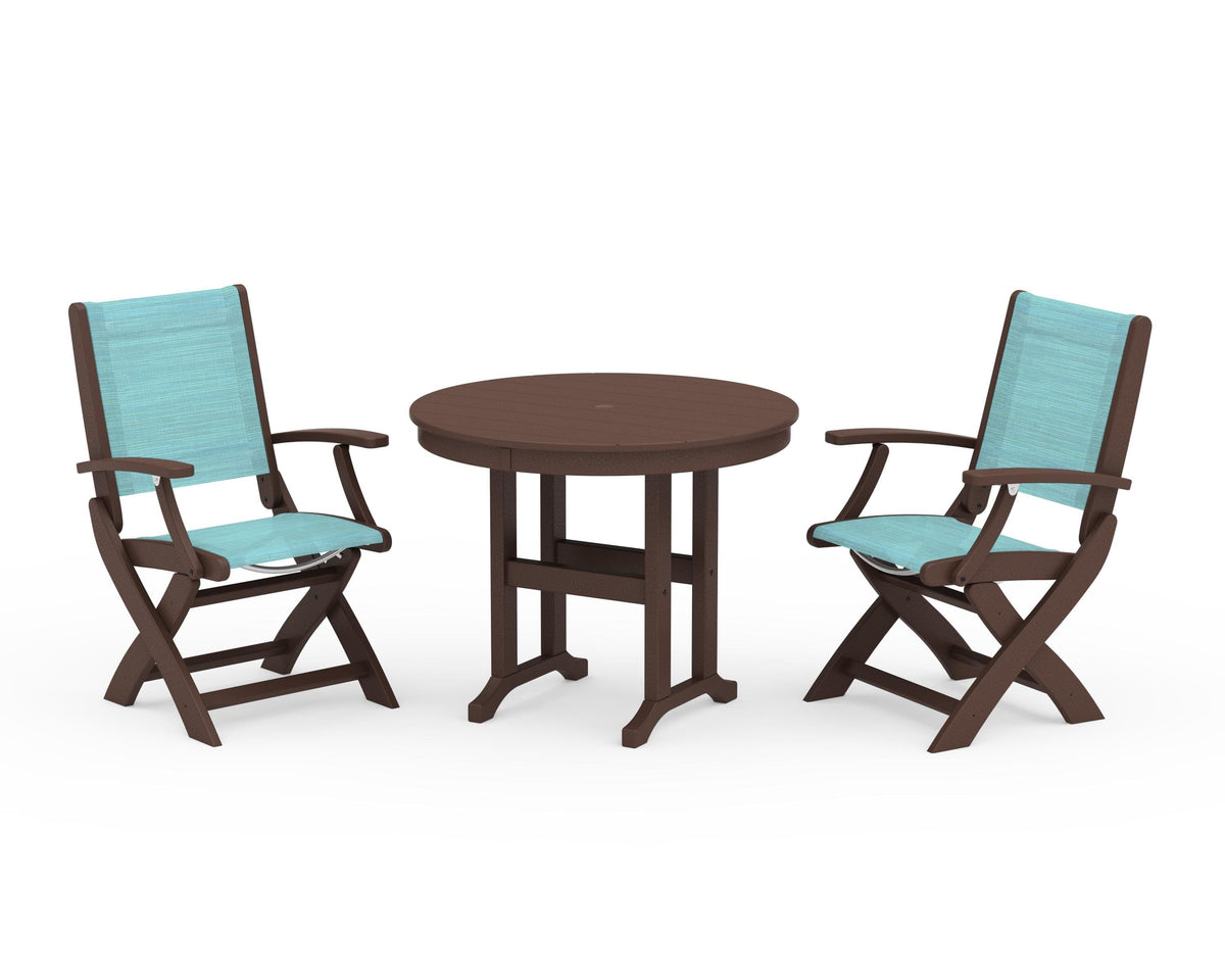 POLYWOOD Coastal Folding Chair 3-Piece Round Dining Set in Mahogany / Dupioni Aquamarine