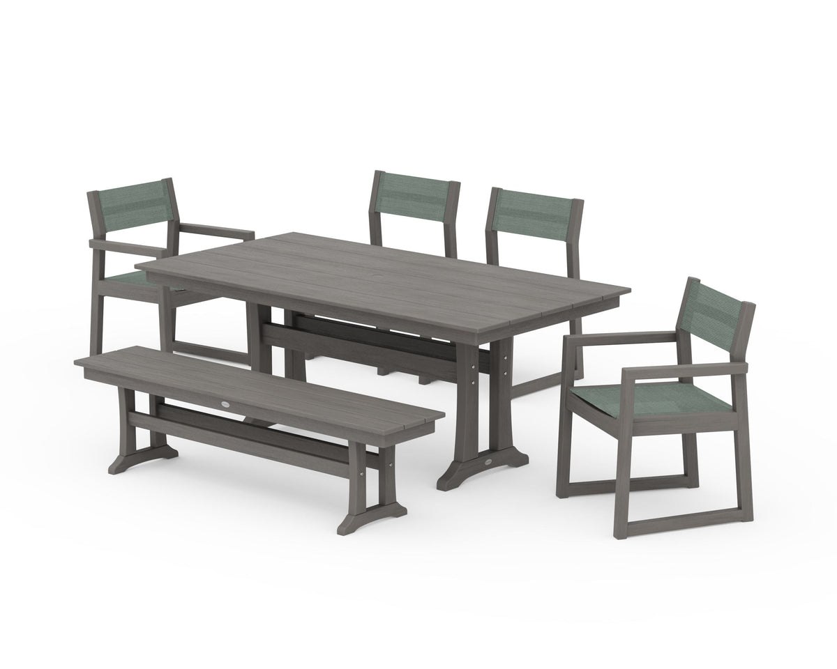 POLYWOOD EDGE Sling 6-Piece Farmhouse Dining Set With Trestle Legs in Driftwood / Dupioni Sea Mist