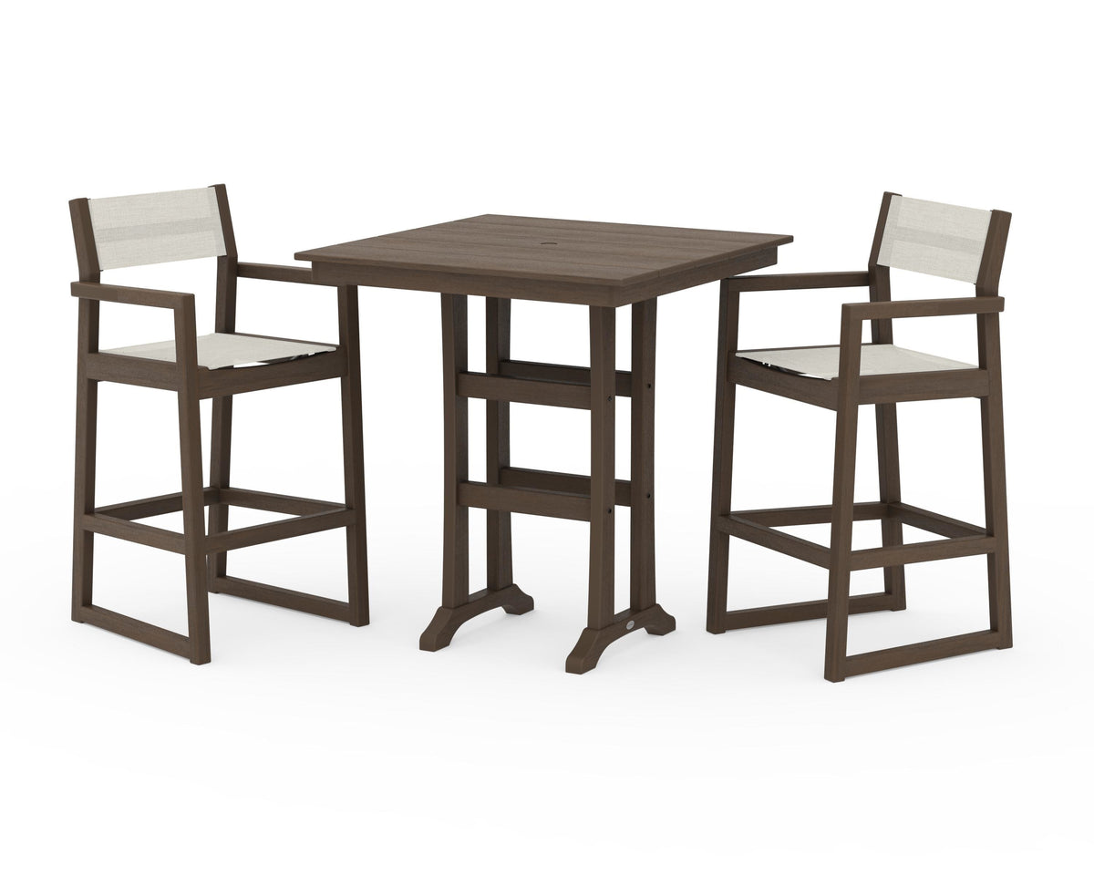 POLYWOOD EDGE Sling Arm Chair 3-Piece Farmhouse Bar Set with Trestle Legs in Kona / Parchment