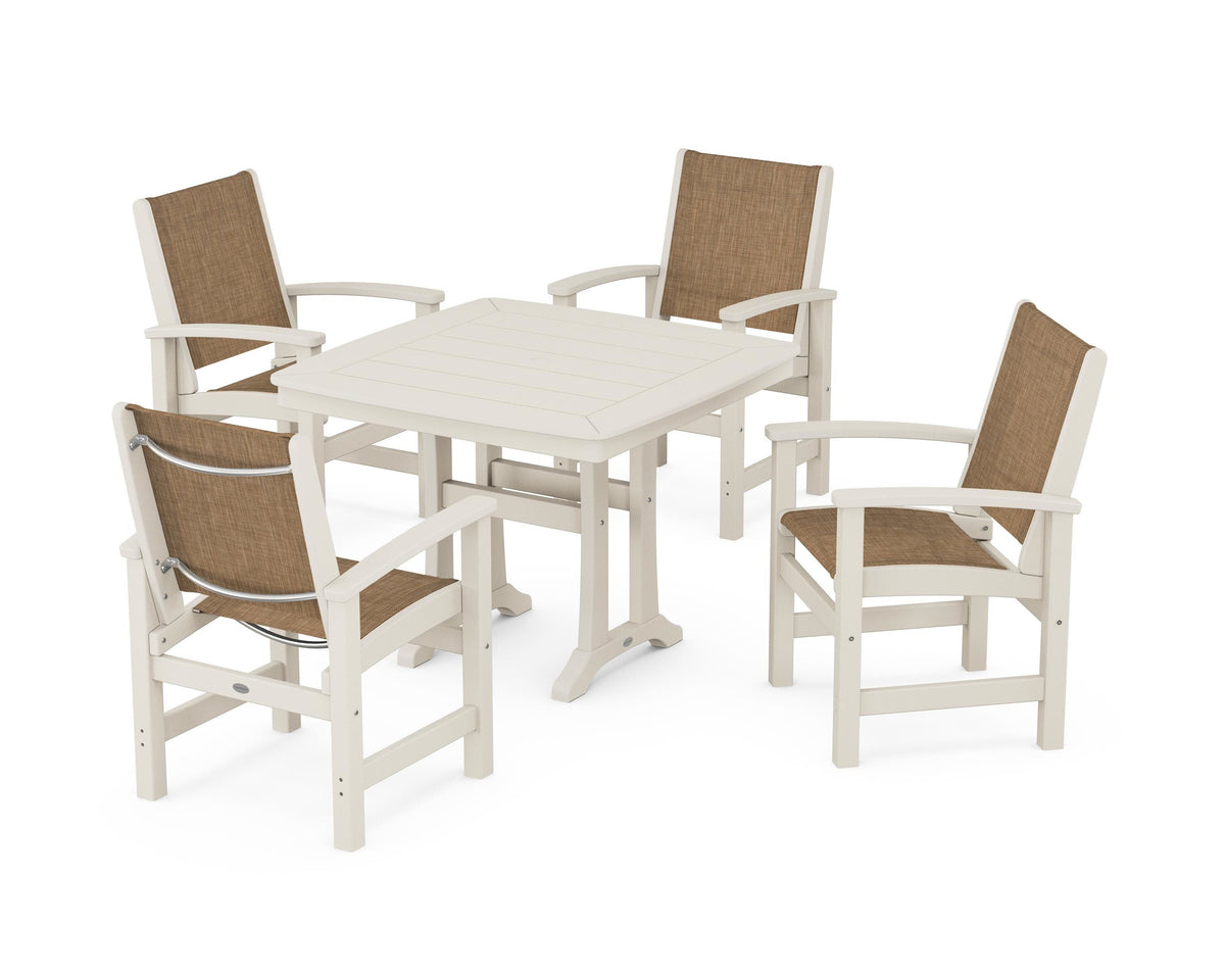POLYWOOD Coastal 5-Piece Dining Set with Trestle Legs with Nautical Trestle 37" Dining Table in Sand / Burlap