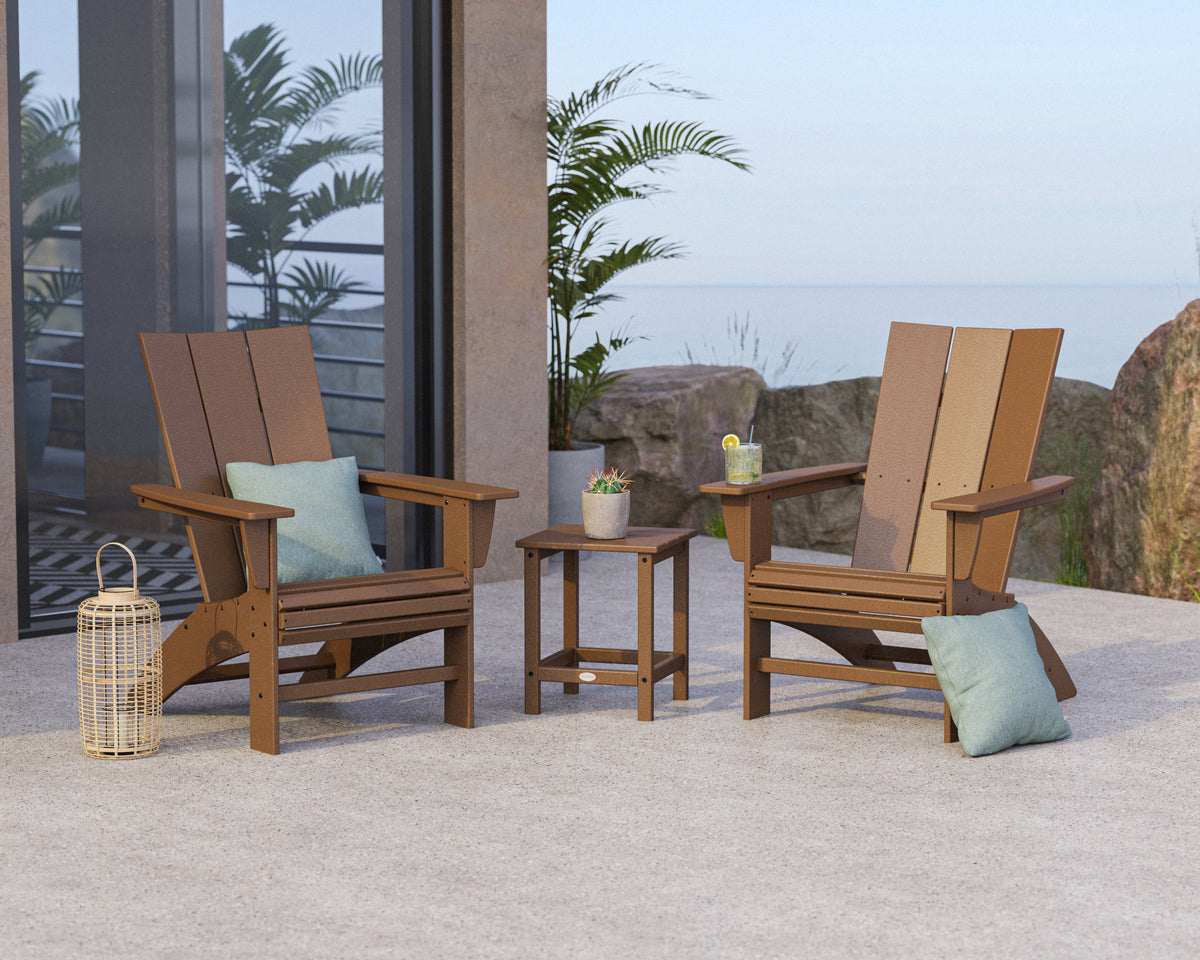 POLYWOOD Modern 3-Piece Curveback Adirondack Set With Long Island 18" Side Table in Teak in an outdoor setting