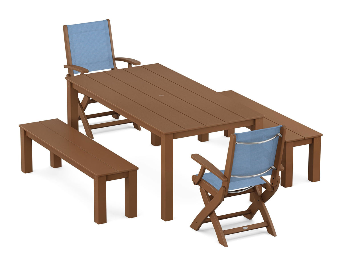 POLYWOOD Coastal Folding Chair 5-Piece Parsons Dining Set with Benches in Teak / Poolside