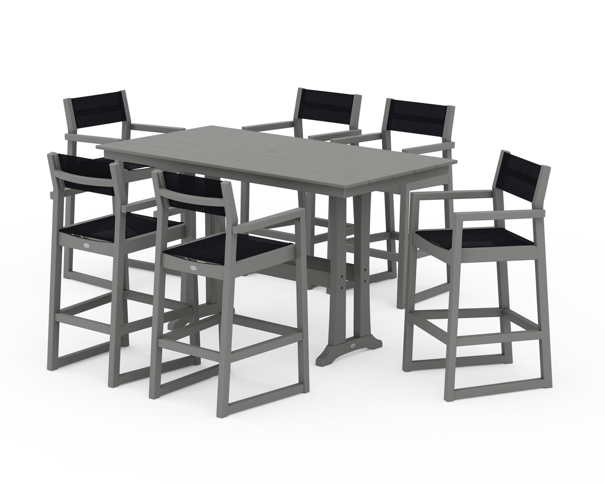 POLYWOOD EDGE Sling Arm Chair 7-Piece Farmhouse Bar Set with Trestle Legs in Slate Grey / Black