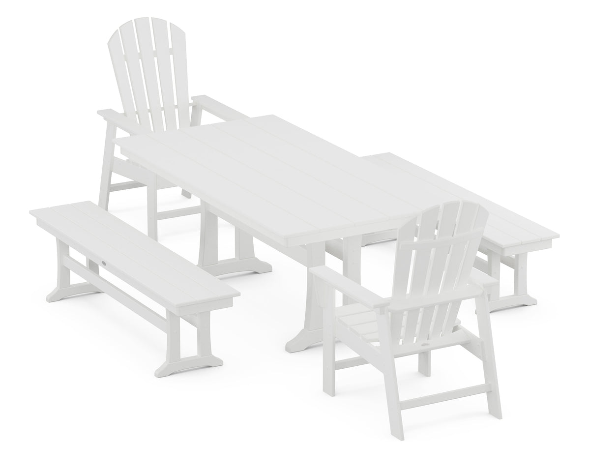 POLYWOOD South Beach 5-Piece Farmhouse Dining Set with Trestle Legs - 37" x 72" Table in White