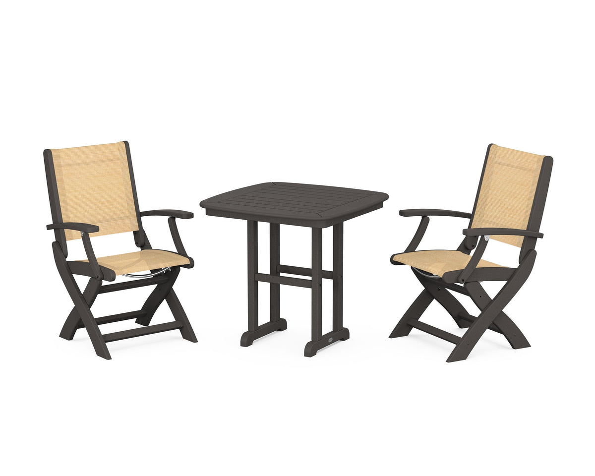 POLYWOOD Coastal Folding Chair 3-Piece Dining Set in Vintage Coffee / Dupioni Apricot