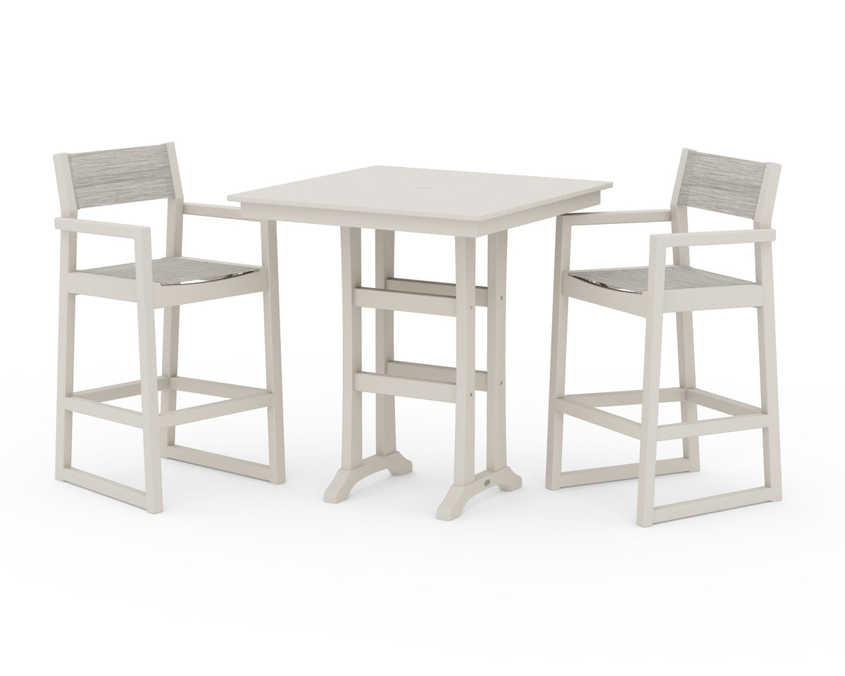 POLYWOOD EDGE Sling Arm Chair 3-Piece Farmhouse Bar Set with Trestle Legs in Sand / Birch