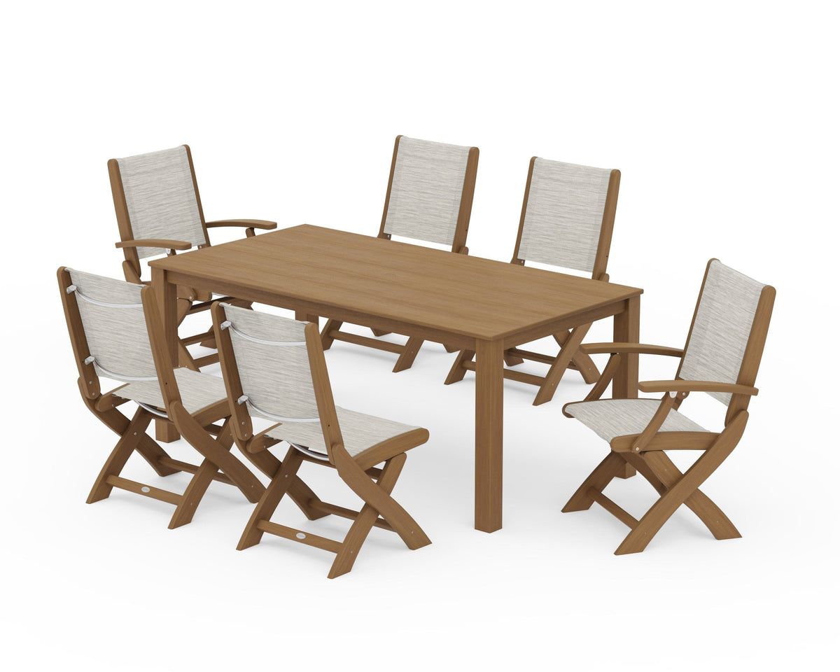 POLYWOOD Coastal Folding Chair 7-Piece Parsons Dining Set with Coastal Folding Side Chair in Natural / Birch