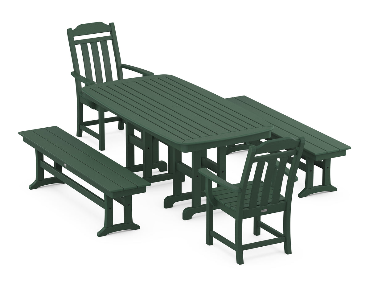 POLYWOOD Cottage 5-Piece Dining Set with Benches in Green