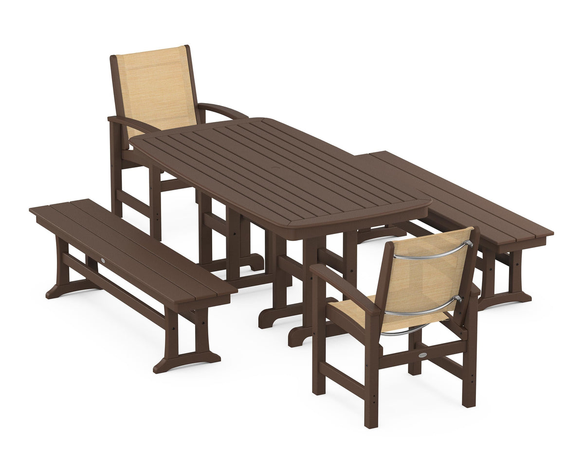 POLYWOOD Coastal 5-Piece Dining Set with Nautical 37" x 72" Dining Table in Mahogany / Dupioni Apricot