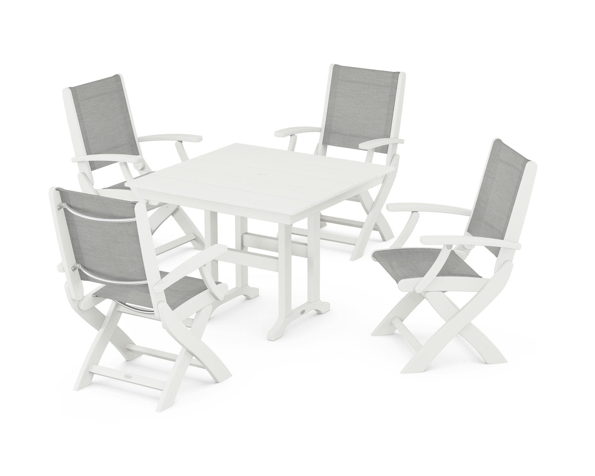 POLYWOOD Coastal Folding Chair 5-Piece Farmhouse Dining Set in Vintage White / Metallic
