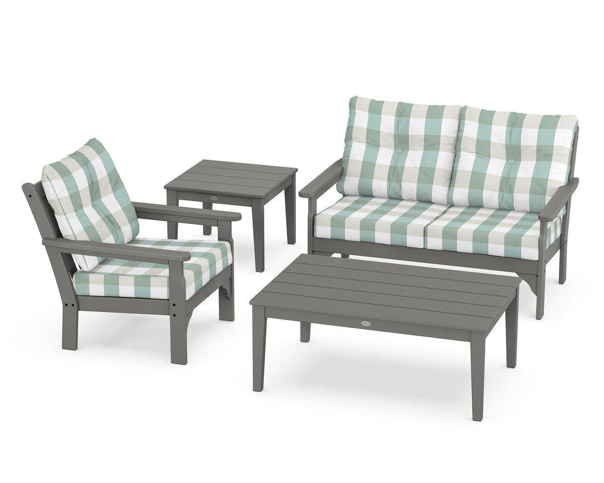 POLYWOOD Vineyard 4-Piece Deep Seating Set in Slate Grey / Buffalo Plaid Glacier Spa