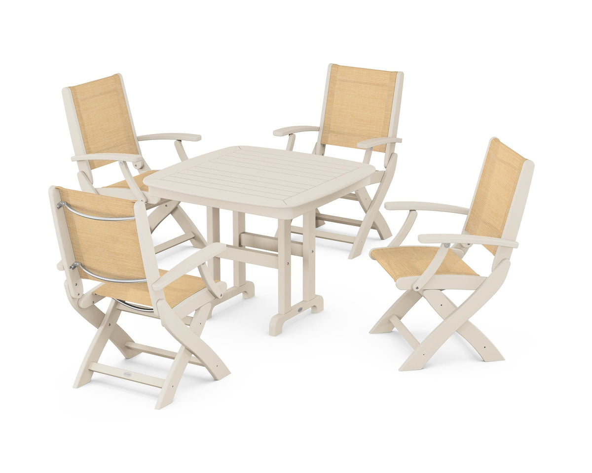POLYWOOD Coastal Folding Chair 5-Piece Dining Set with Nautical 37" Dining Table in Sand / Dupioni Apricot