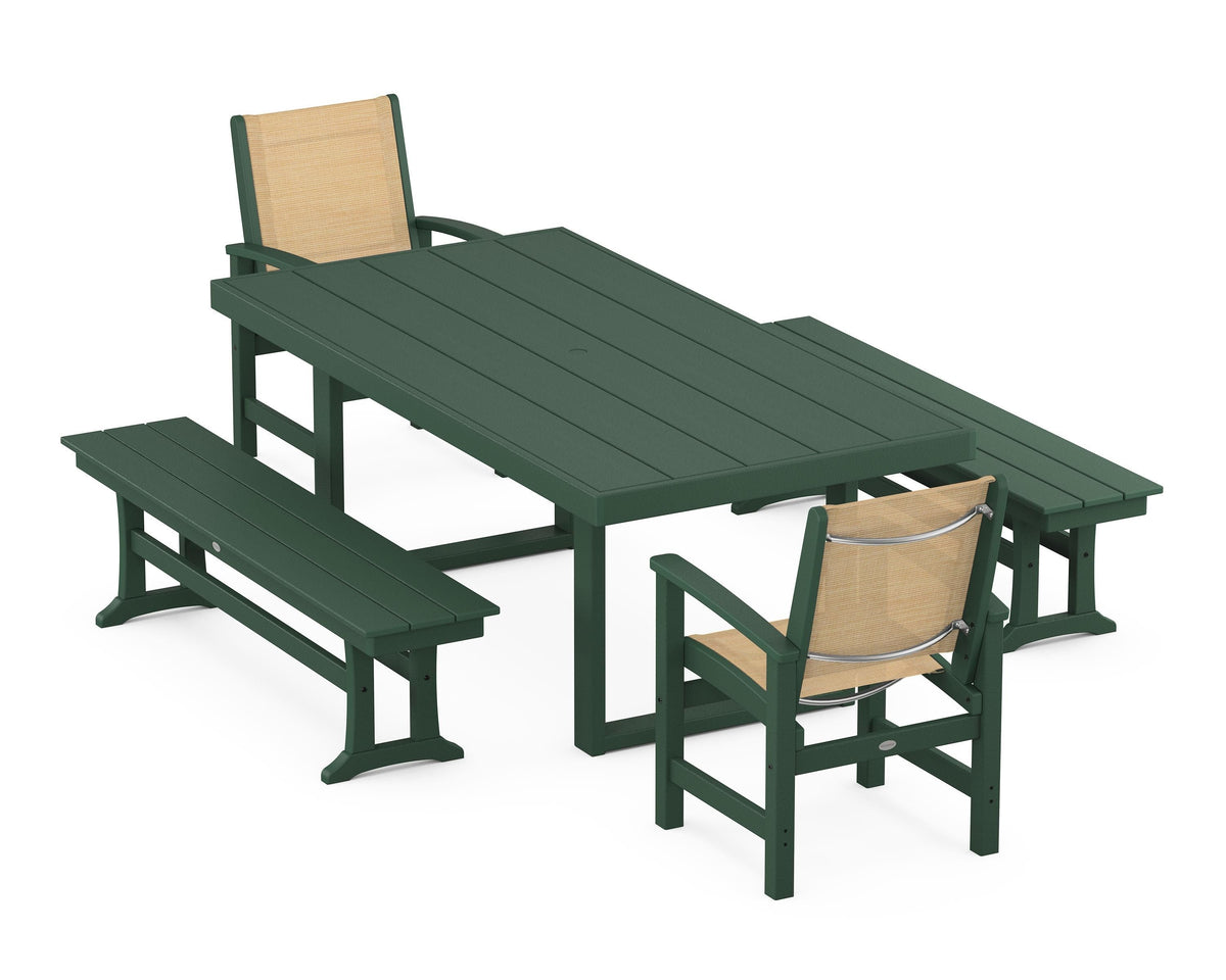 POLYWOOD Coastal 5-Piece Dining Set with Trestle Legs with EDGE 40" x 78" Dining Table in Green / Dupioni Apricot