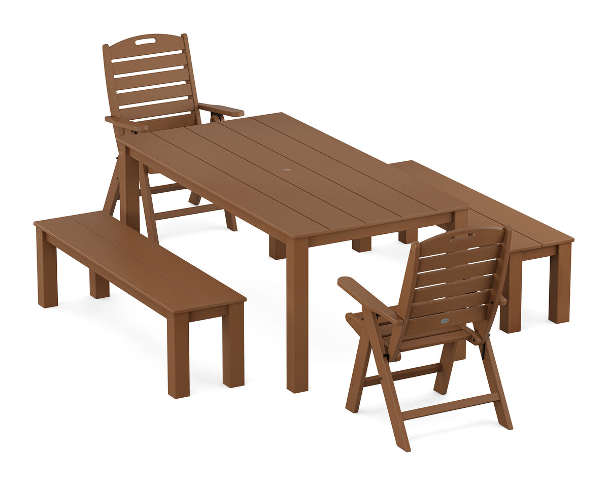 POLYWOOD Nautical Folding Highback Chair 5-Piece Parsons Dining Set with Benches in Teak
