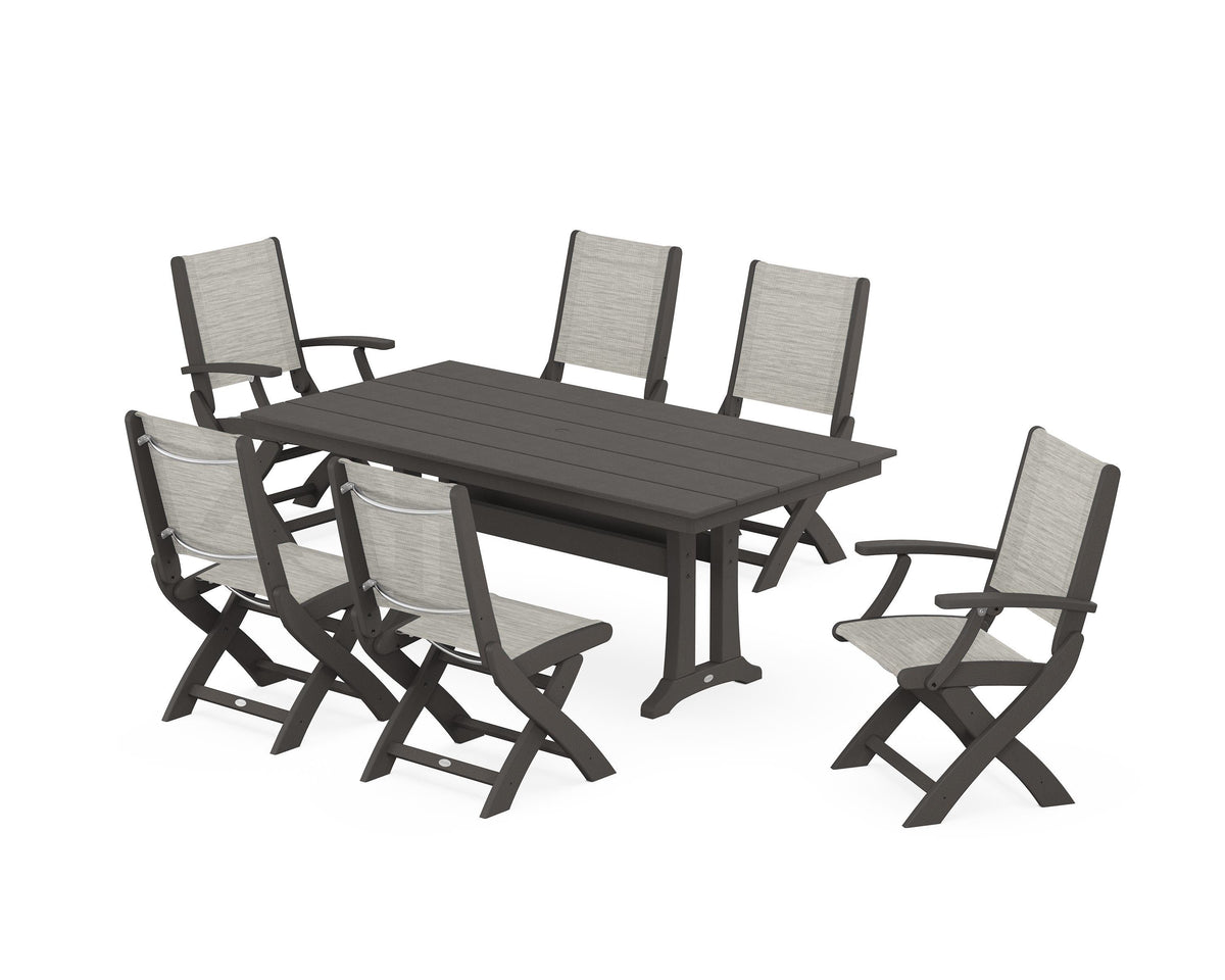 POLYWOOD Coastal Folding Chair 7-Piece Farmhouse Dining Set with Trestle Legs in Vintage Coffee / Birch