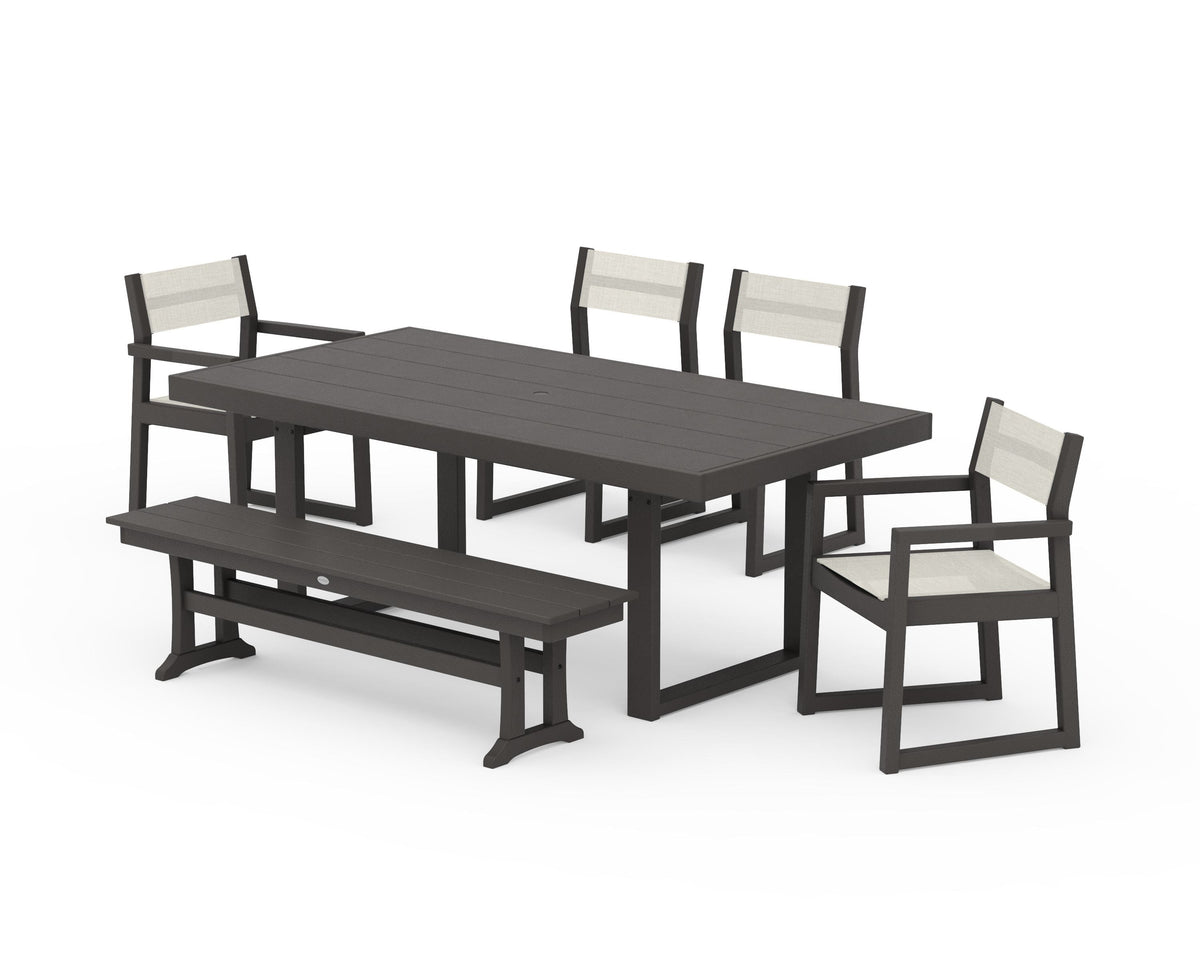 POLYWOOD EDGE Sling 6-Piece Dining Set with Bench in Vintage Coffee / Parchment