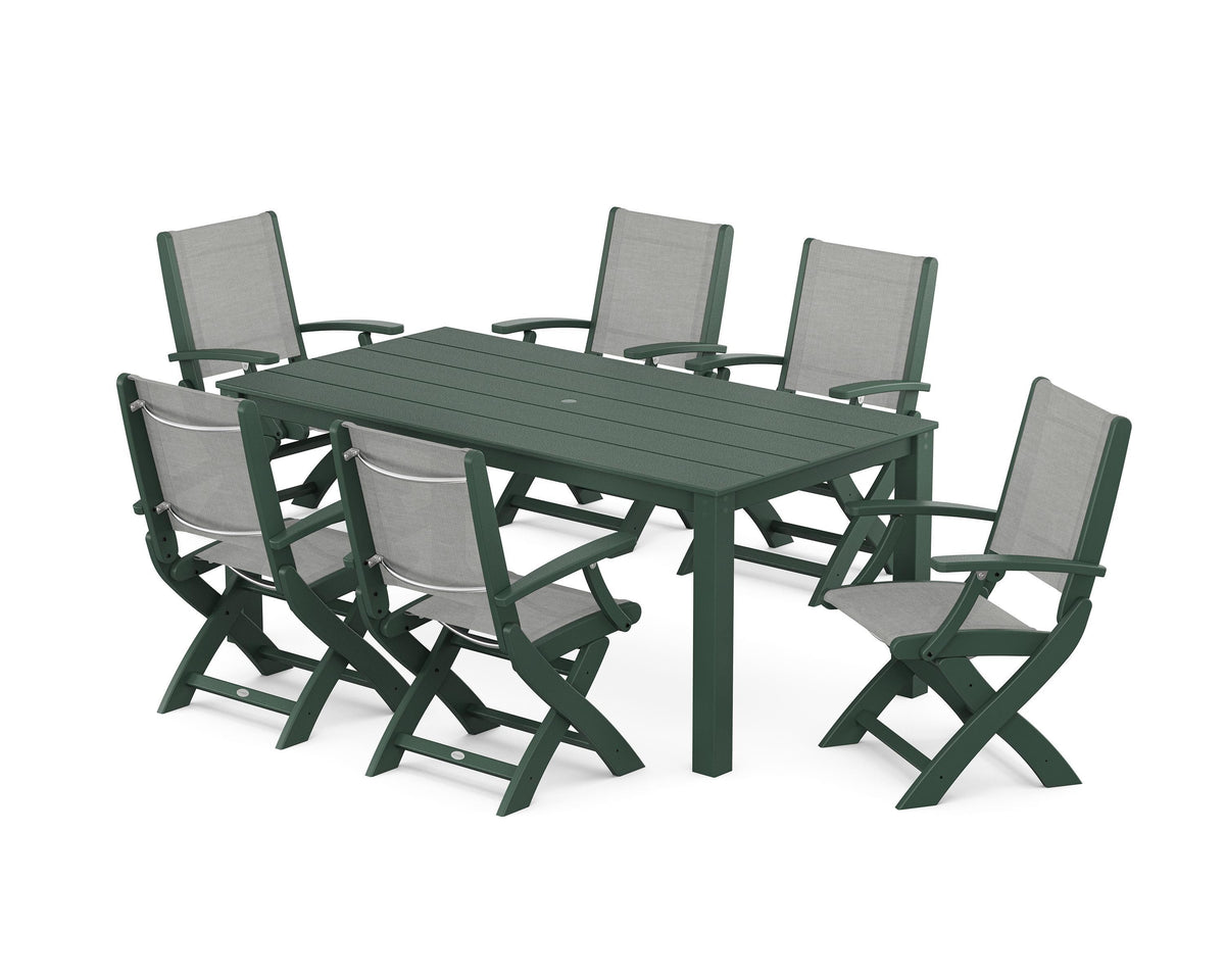 POLYWOOD Coastal Folding Chair 7-Piece Parsons Dining Set in Green / Metallic
