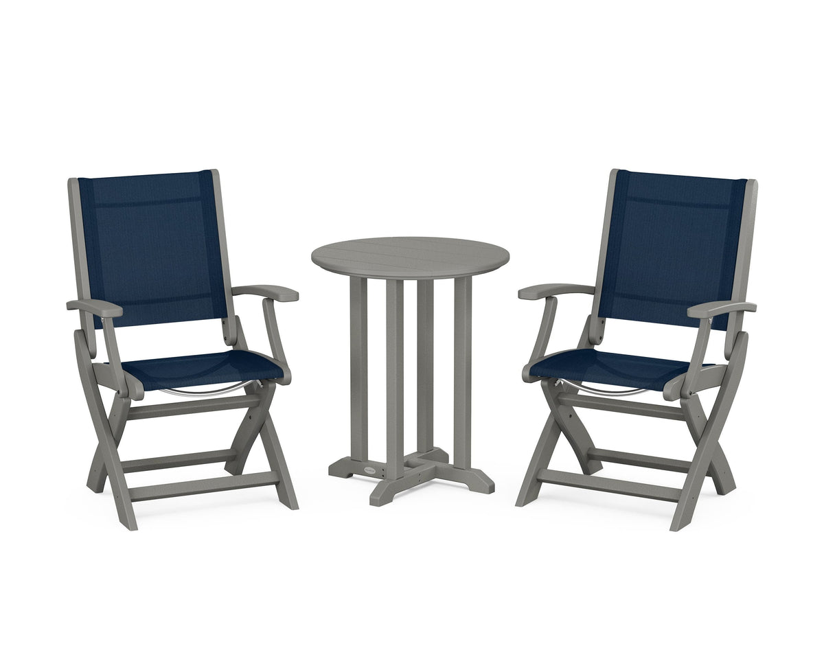 POLYWOOD Coastal Folding 3-Piece Round Bistro Dining Set in Slate Grey / Navy Blue
