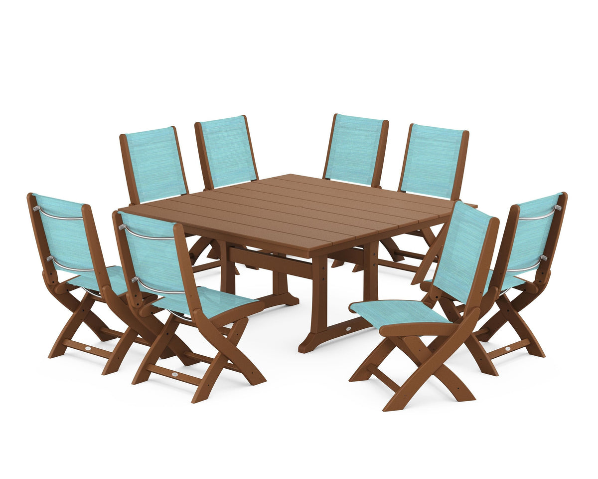POLYWOOD Coastal Folding Side Chair 9-Piece Farmhouse Dining Set in Teak / Dupioni Aquamarine