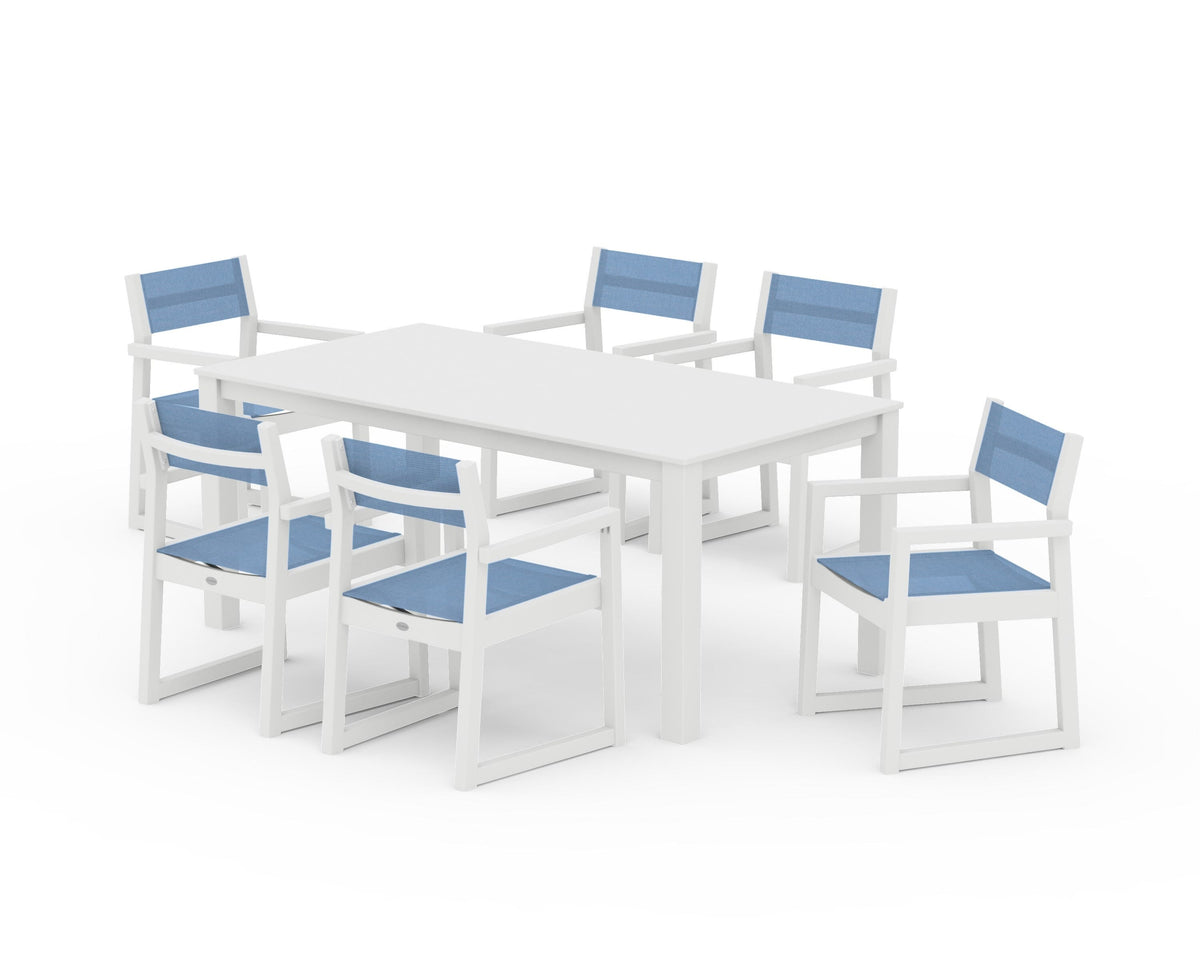 POLYWOOD EDGE Sling Arm Chair 7-Piece Parsons Dining Set in White / Poolside