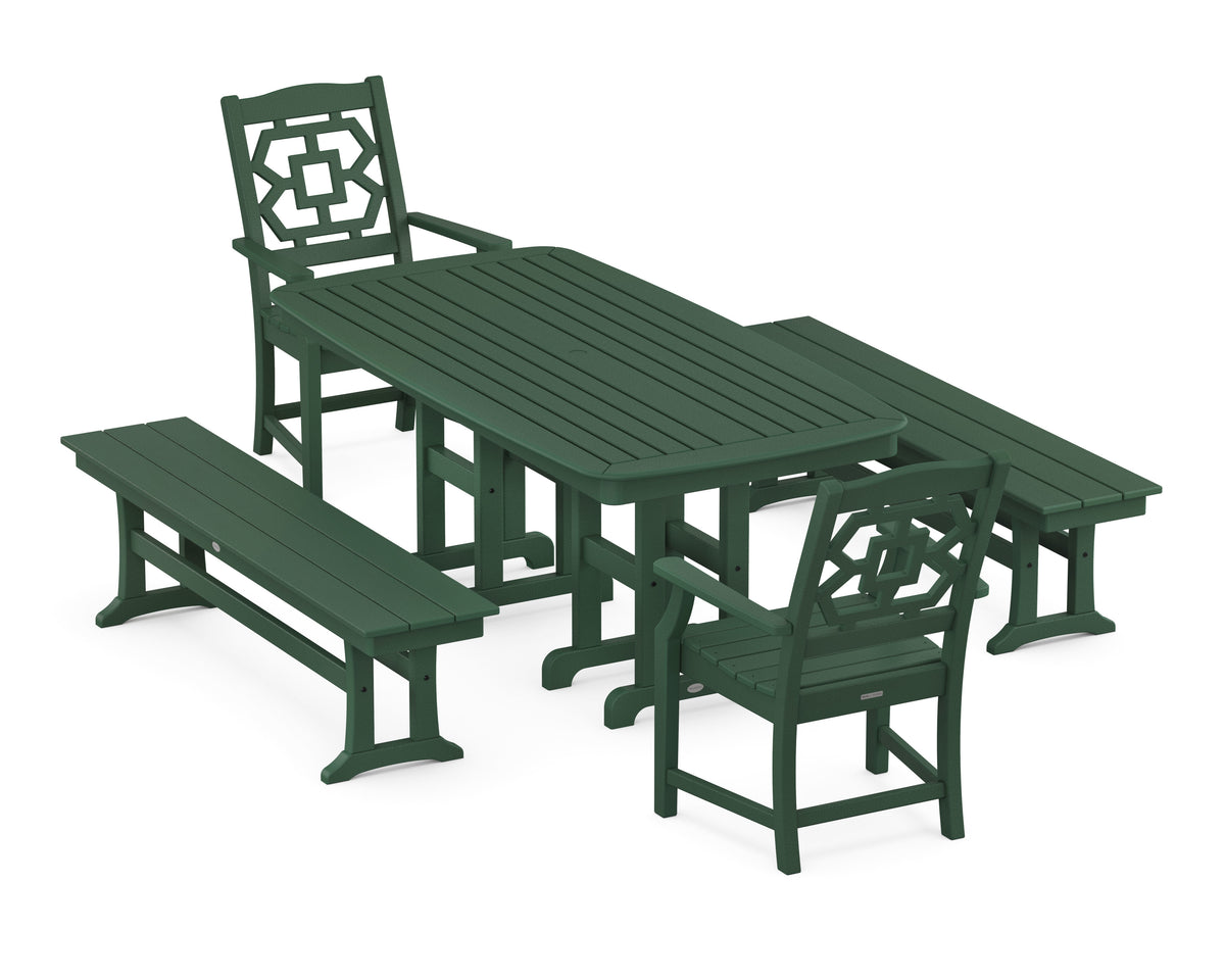 POLYWOOD Chinoiserie 5-Piece Dining Set with Benches in Green