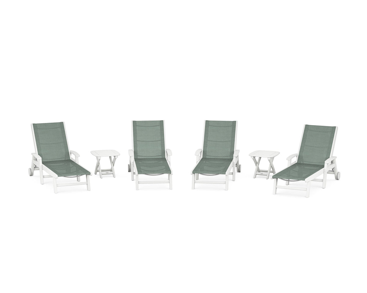 POLYWOOD Coastal Chaise 6-Piece Set with Wheels in White / Dupioni Sea Mist