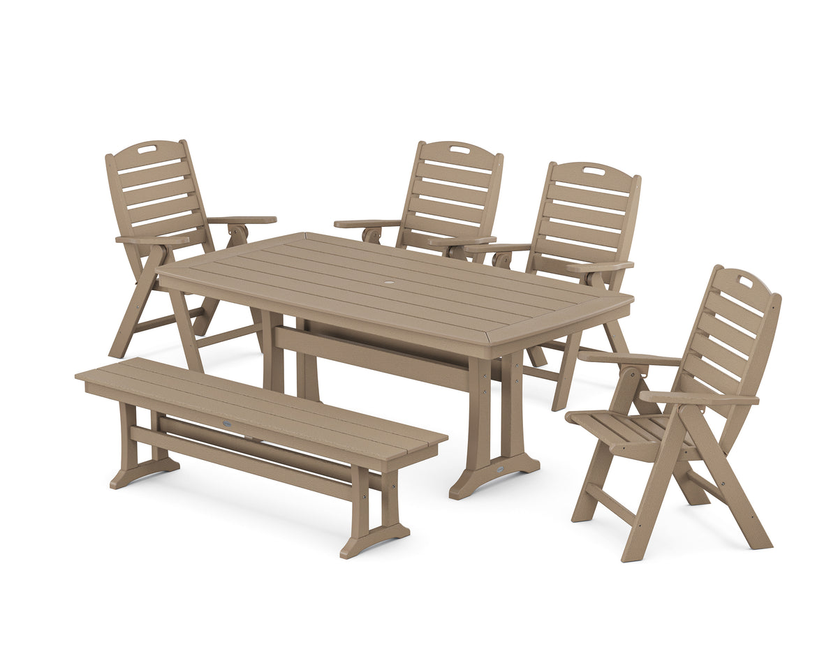 POLYWOOD Nautical Highback 6-Piece Dining Set with Trestle Legs and Bench in Vintage Sahara