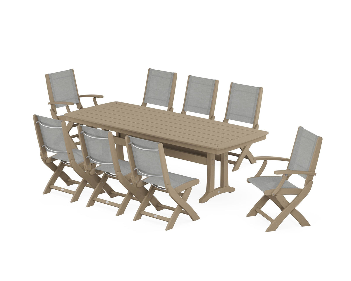 POLYWOOD Coastal Folding 9-Piece Dining Set with Trestle Legs in Vintage Sahara / Metallic
