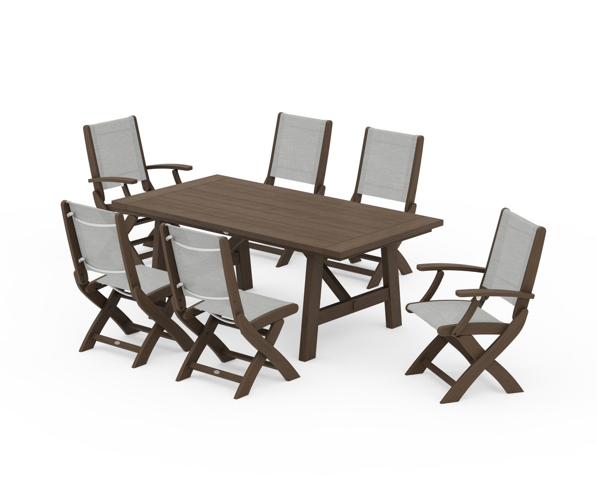 POLYWOOD Coastal Folding Chair 7-Piece Rustic Farmhouse Dining Set in Kona / Metallic