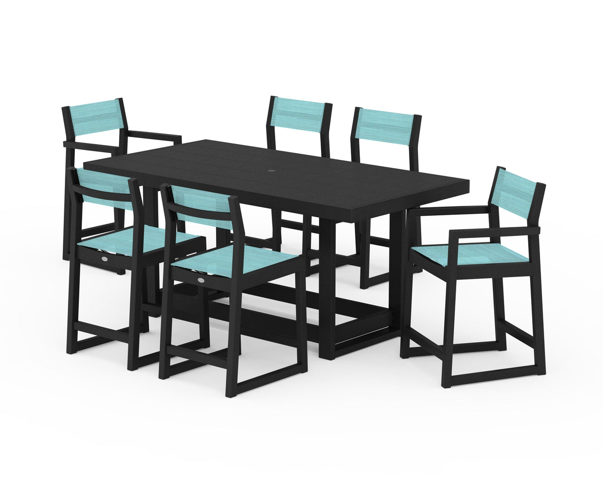 POLYWOOD EDGE Sling 7-Piece Counter Table Set in Black / Dupioni Aquamarine