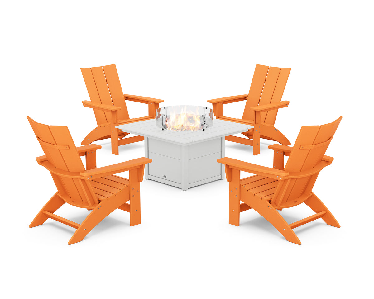 POLYWOOD 5-Piece Modern Grand Adirondack Conversation Set with Fire Pit Table in Tangerine / White