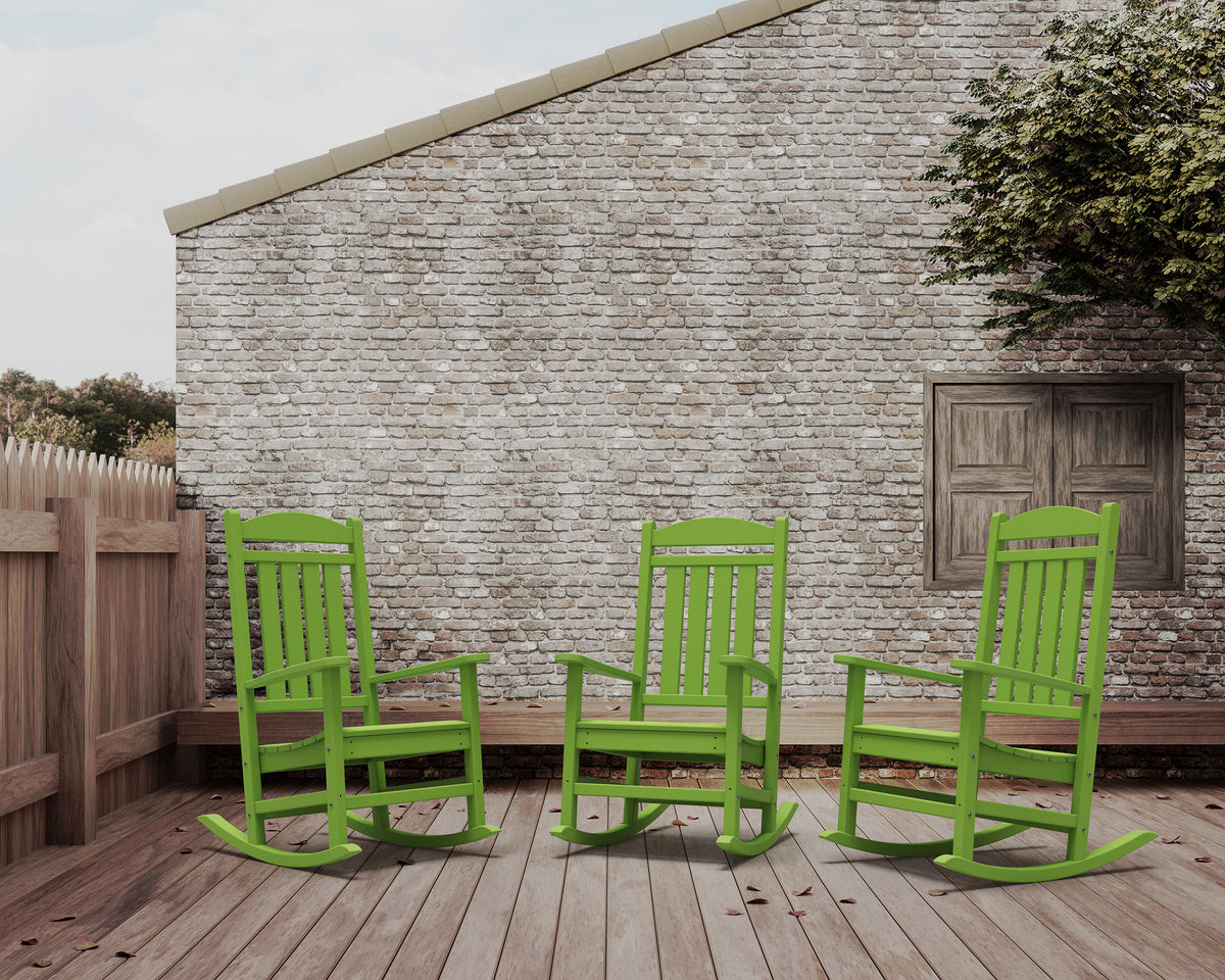 POLYWOOD Presidential Rocking Chair in Lime styled outdoors
