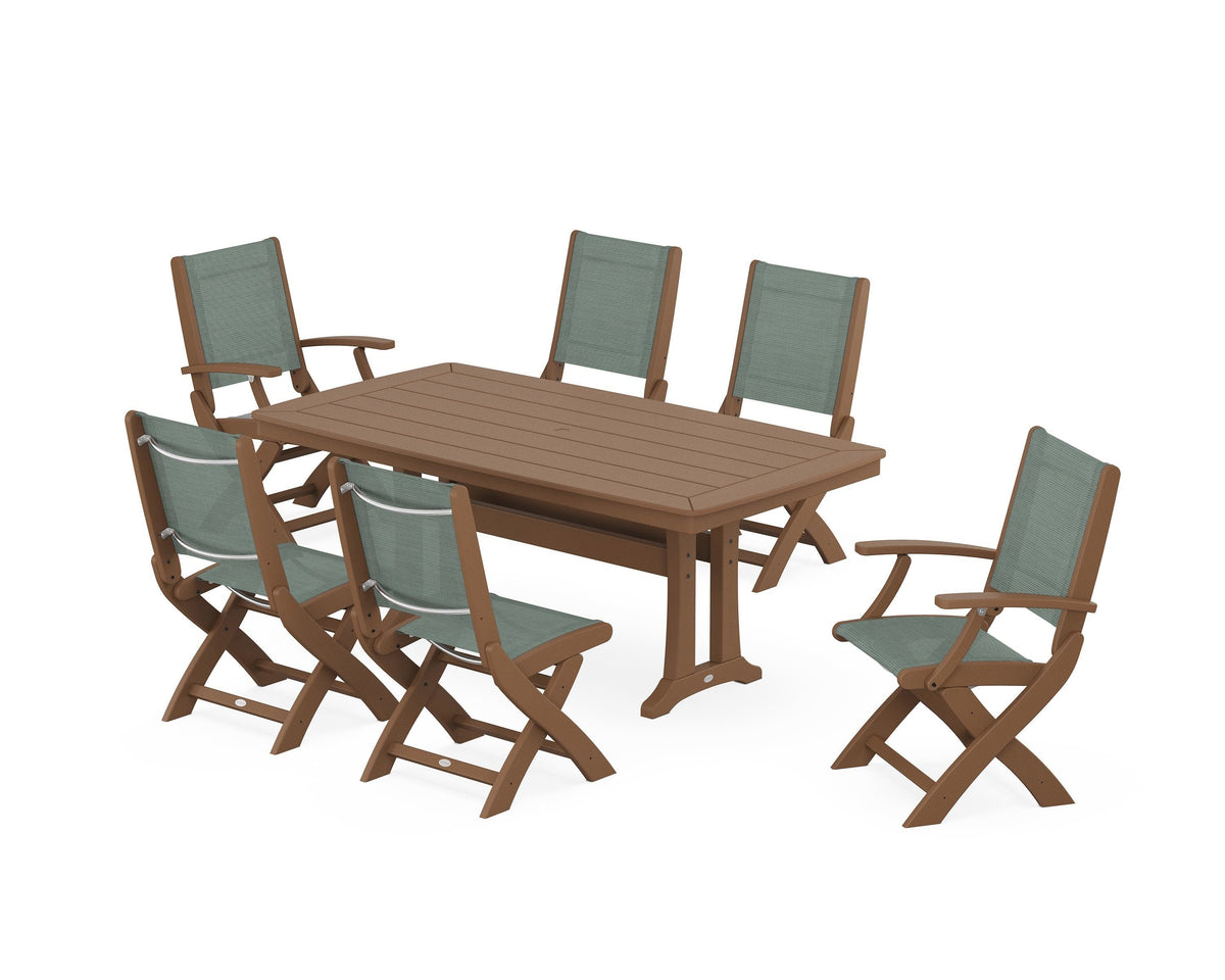 POLYWOOD Coastal Folding Chair 7-Piece Dining Set with Trestle Legs with Nautical Trestle 38" x 73" Dining Table in Teak / Dupioni Sea Mist