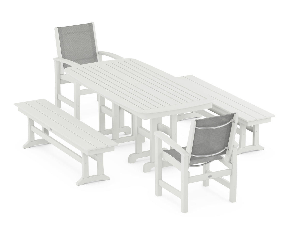 POLYWOOD Coastal 5-Piece Dining Set with Nautical 37" x 72" Dining Table in Vintage White / Metallic
