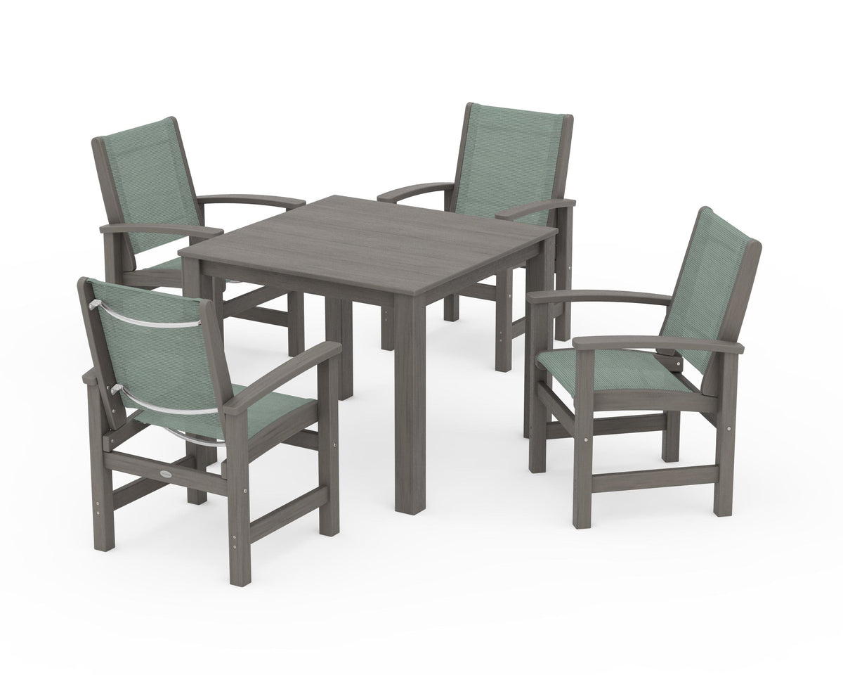 POLYWOOD Coastal 5-Piece Parsons Dining Set in Driftwood / Dupioni Sea Mist