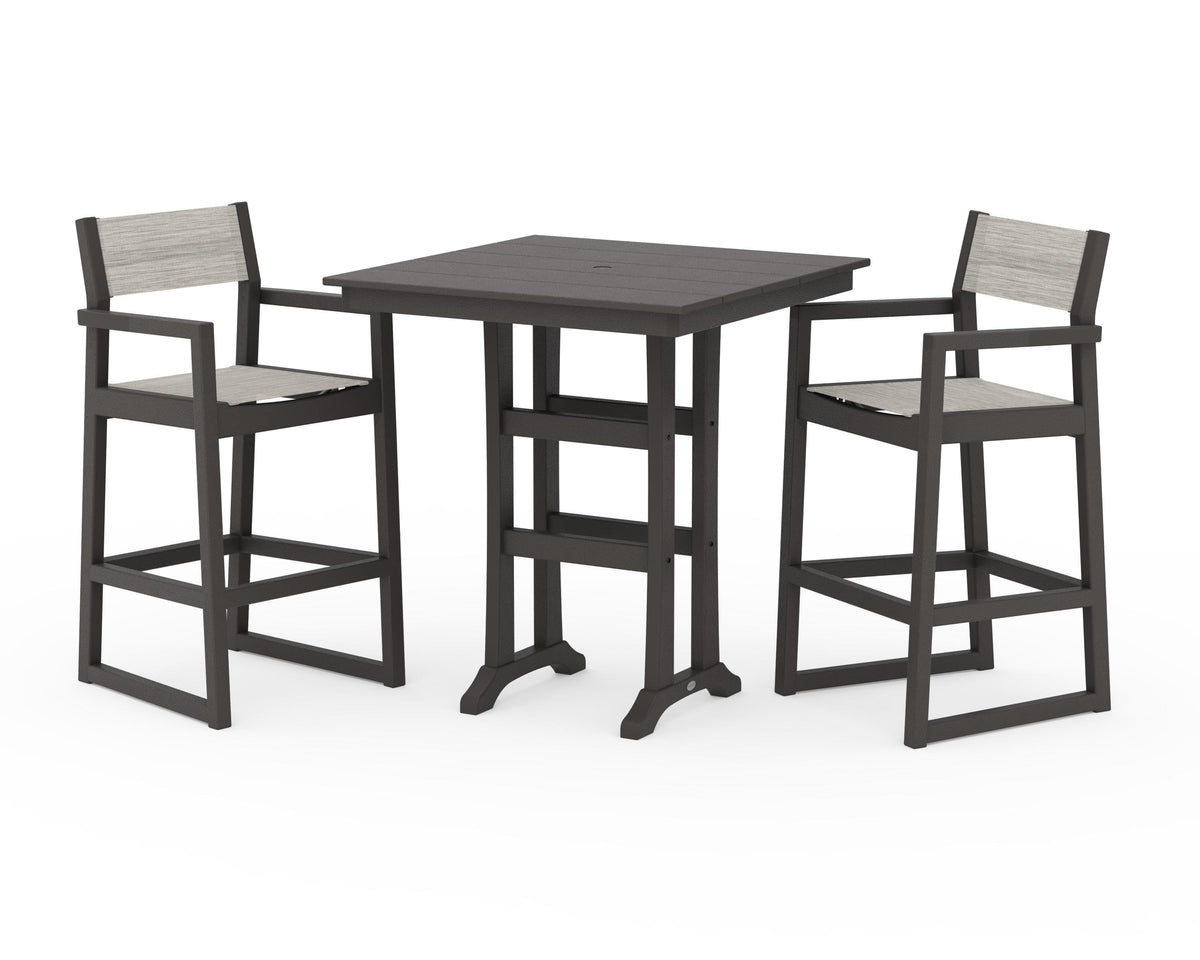 POLYWOOD EDGE Sling Arm Chair 3-Piece Farmhouse Bar Set with Trestle Legs in Vintage Coffee / Birch