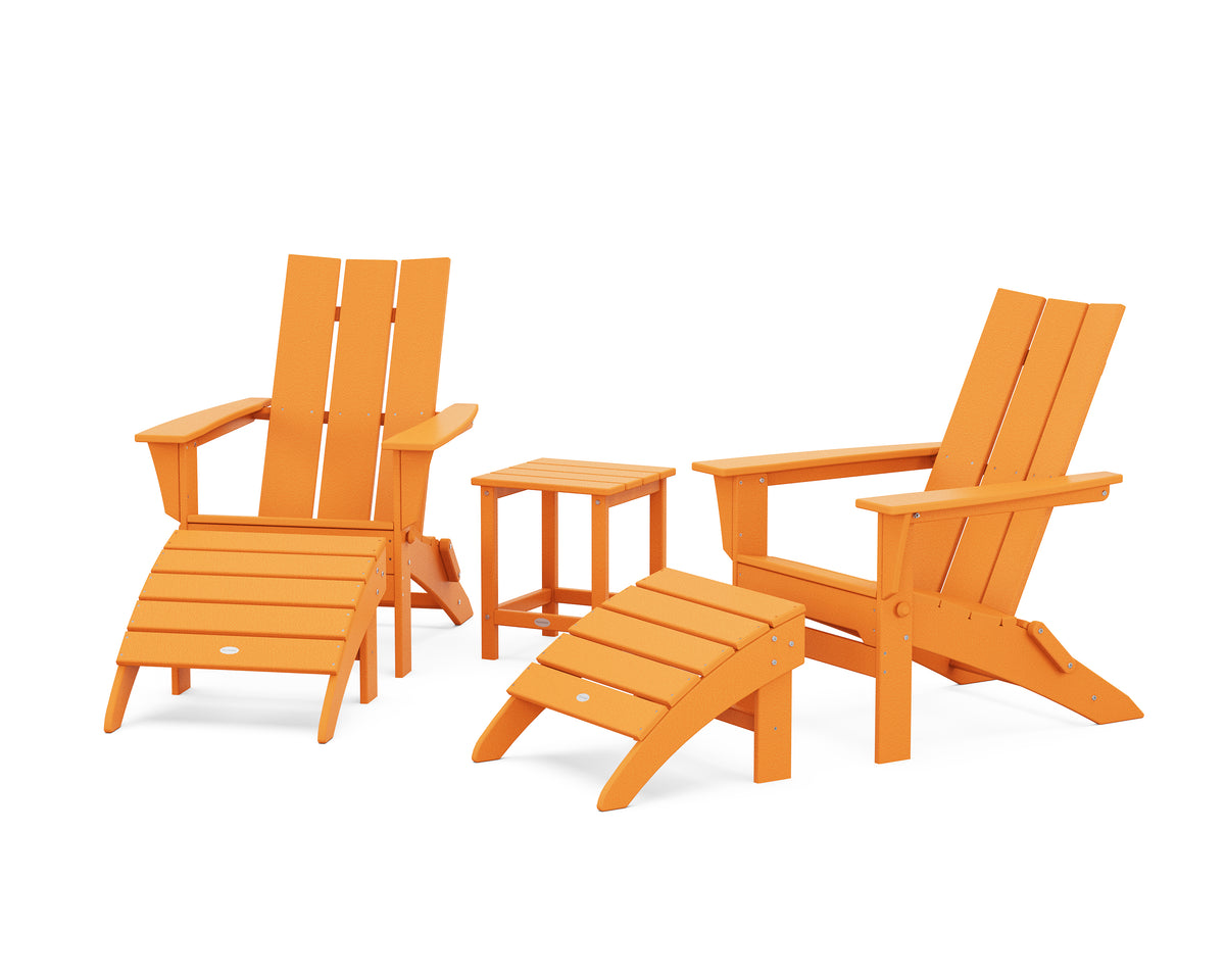 POLYWOOD Modern Folding Adirondack Chair 5-Piece Set with Ottomans and 18" Side Table in Tangerine